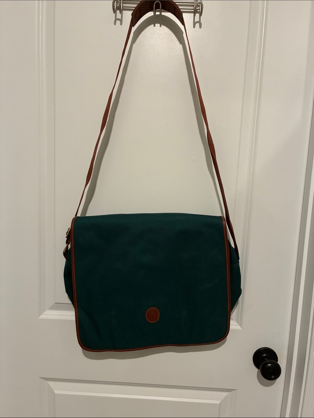 Men's Dark Green Canvas Messenger Bag with Brown Trim